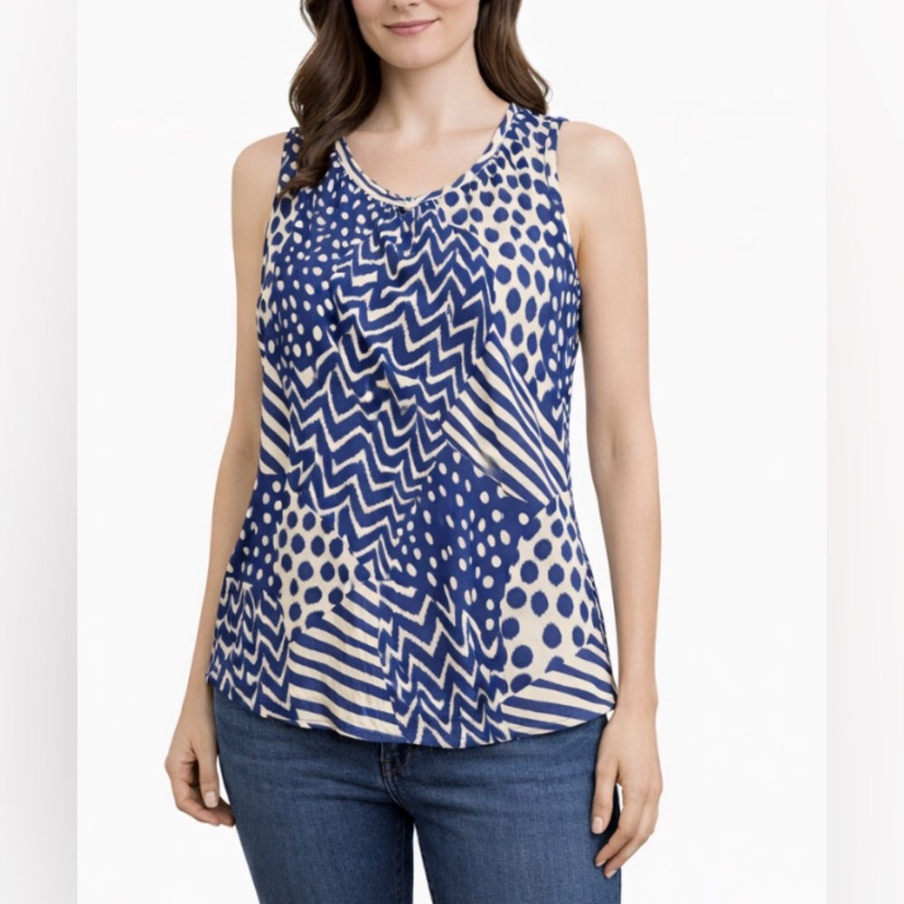 Grand & Greene Blue & White Abstract Print Sleeveless Top – Size S